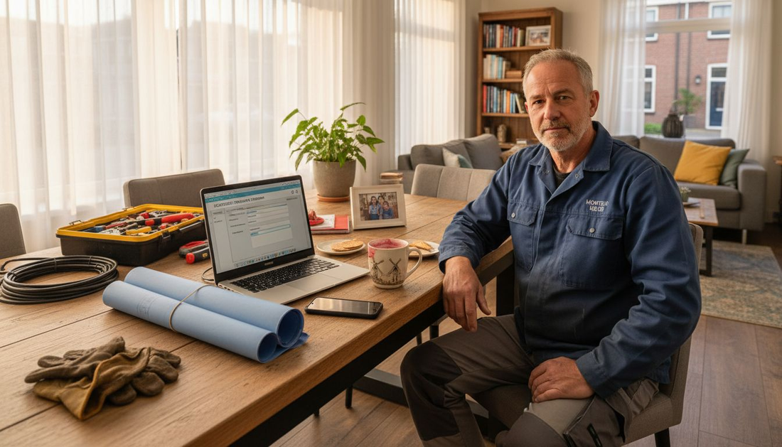 Een elektricien werkt buiten aan een offerte, terwijl de zon schijnt.