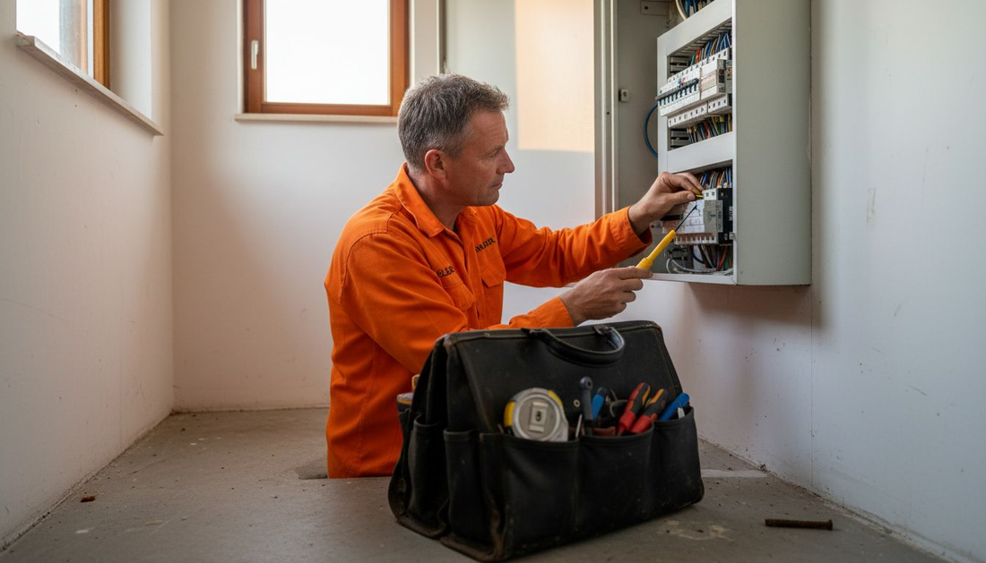 Een elektricien voert een inspectie uit aan de meterkast in een woning.