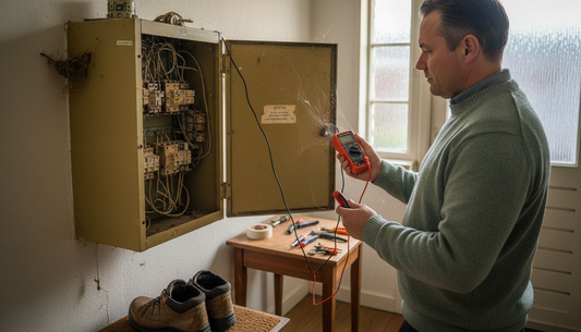 Een woningeigenaar bekijkt de meterkast en gebruikt een multimeter om alles te controleren.