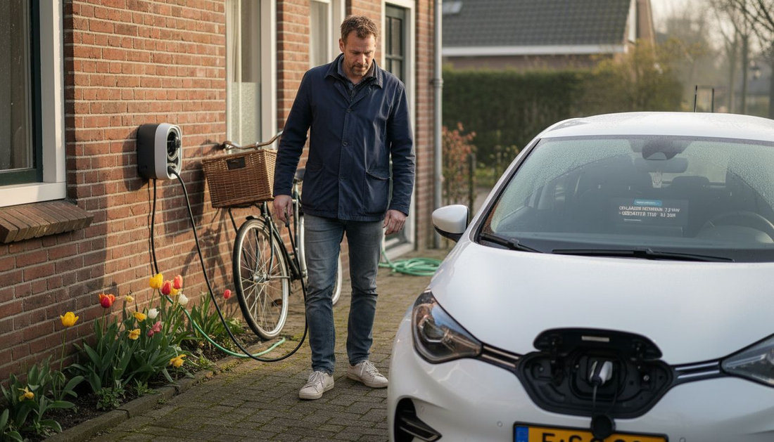 Een man sluit zijn elektrische auto thuis aan op de oplader, op de oprit voor zijn huis.