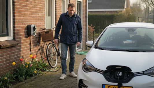 Een man sluit zijn elektrische auto thuis aan op de oplader, op de oprit voor zijn huis.