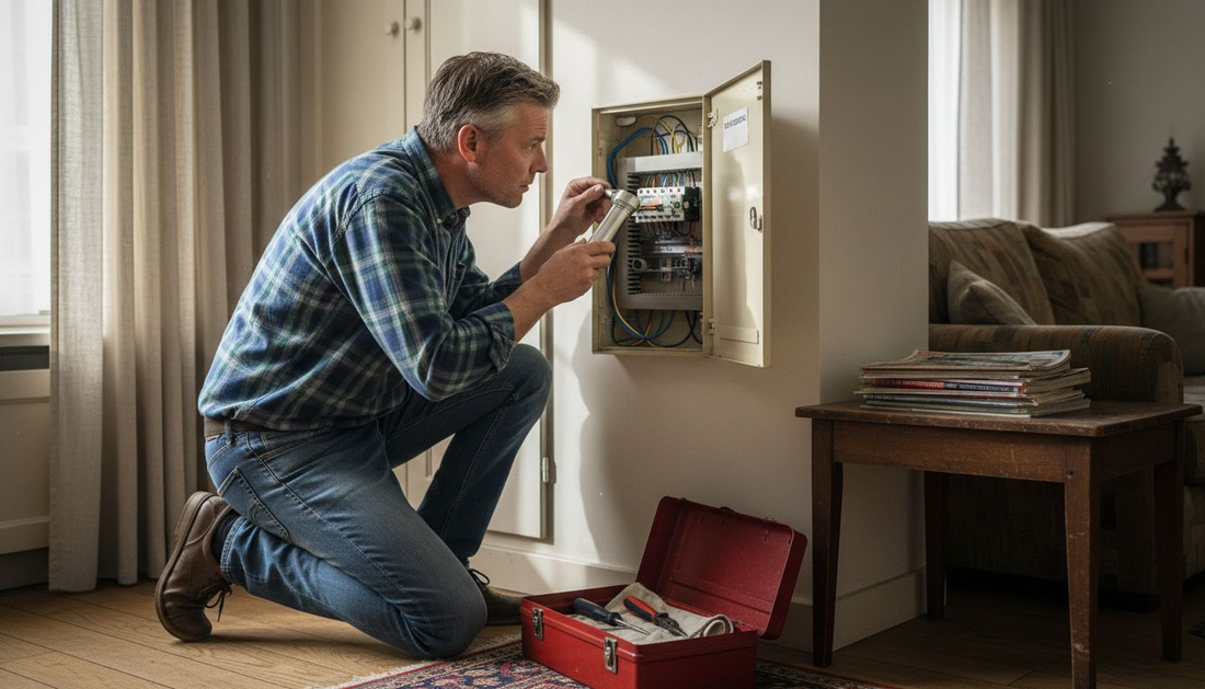 Een huiseigenaar controleert de meterkast om te kijken of alles nog veilig is.