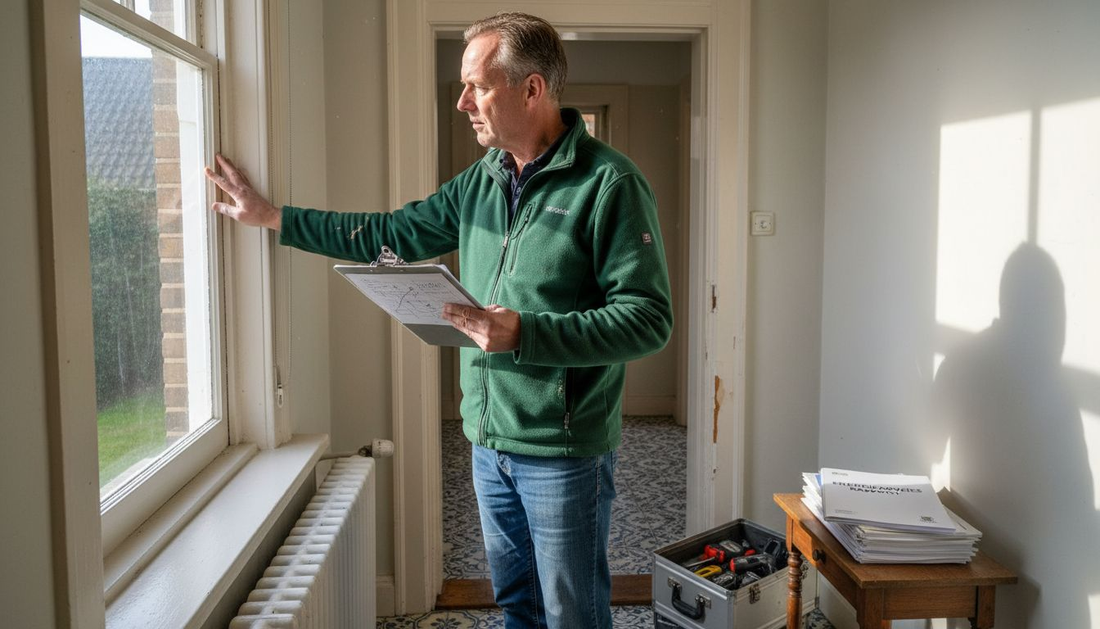 Een energieadviseur komt langs om het interieur van de woning te beoordelen.