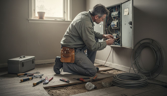 Een elektricien legt nieuwe bekabeling aan tijdens de renovatie van een huis.
