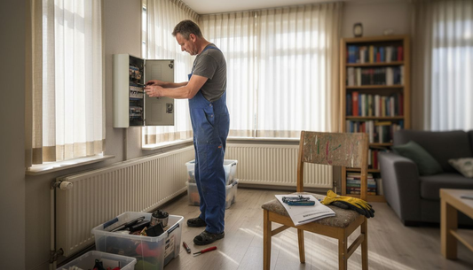 Een man controleert de meterkast in een Nederlands huis.