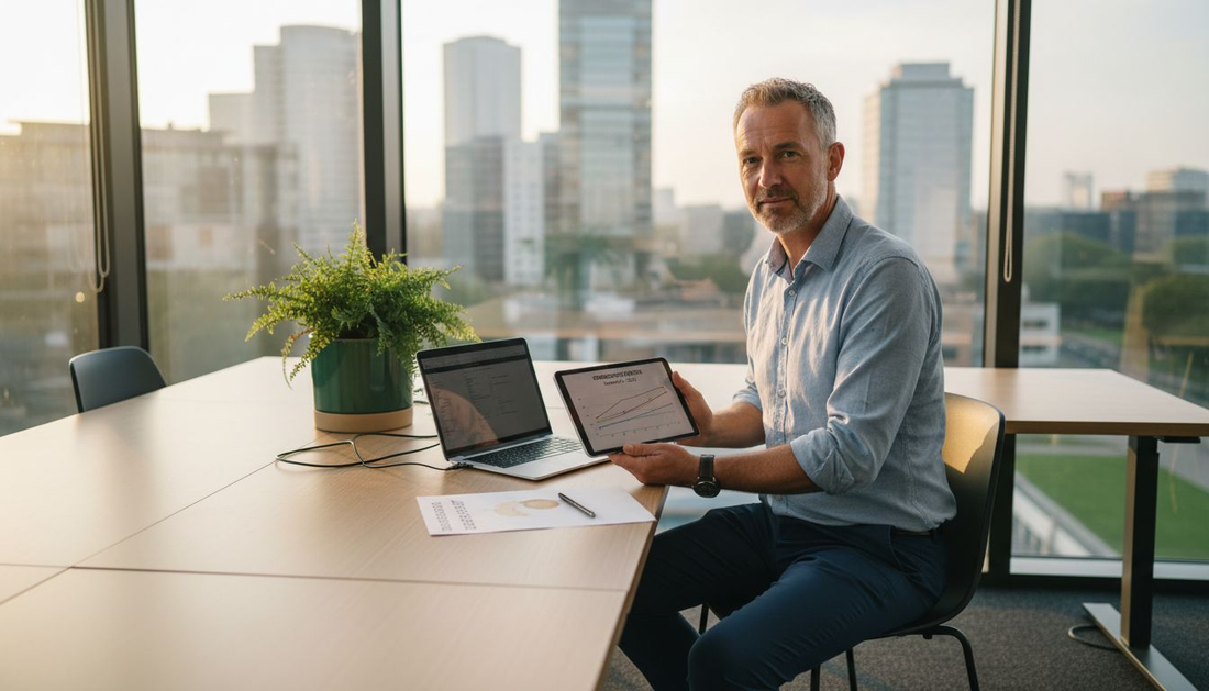 Een energieadviseur analyseert het energieverbruik op kantoor.