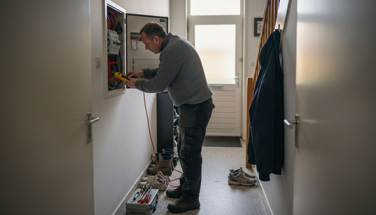 Man bekijkt de meterkast in de hal van zijn huis