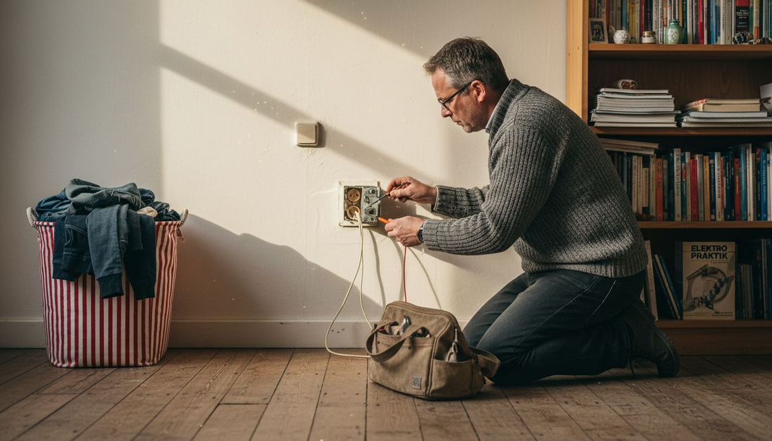 Een man bekijkt een oud stopcontact in de woonkamer om te zien of alles nog goed werkt.