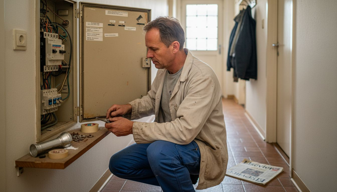 Een monteur is bezig met werkzaamheden aan de meterkast in een woning.