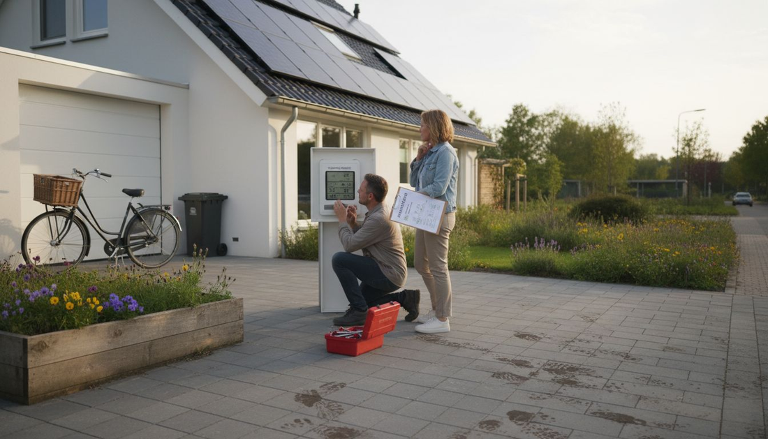 Een stel bekijkt samen de zonnepanelen en de energiemeter in hun moderne huis.