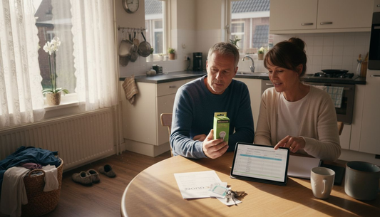 Een stel zit samen aan de keukentafel en bekijkt hoe ze thuis energie kunnen besparen.