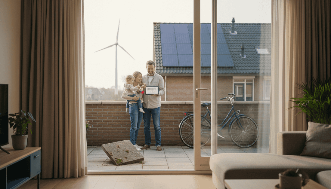 Een gezin bekijkt samen de zonnepanelen op hun huis.
