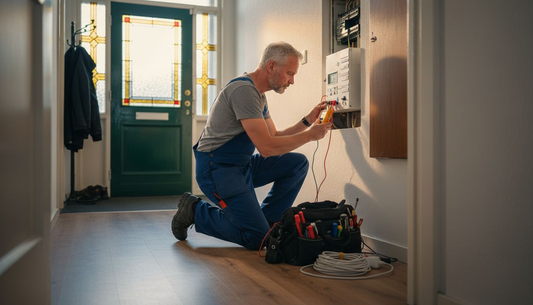 Een elektricien voert een veilige inspectie uit van de meterkast in huis.