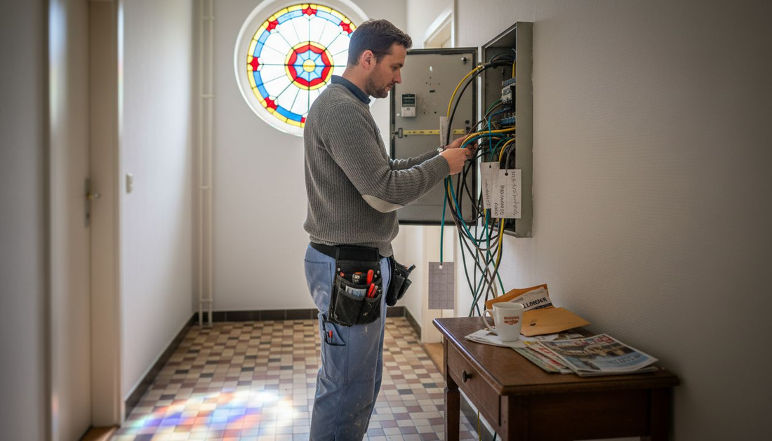 Een elektricien voert een inspectie uit aan de meterkast in de hal van een woning.