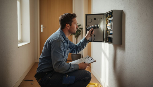 Een elektricien controleert de meterkast bij een woning en loopt daarbij zorgvuldig zijn checklist na.