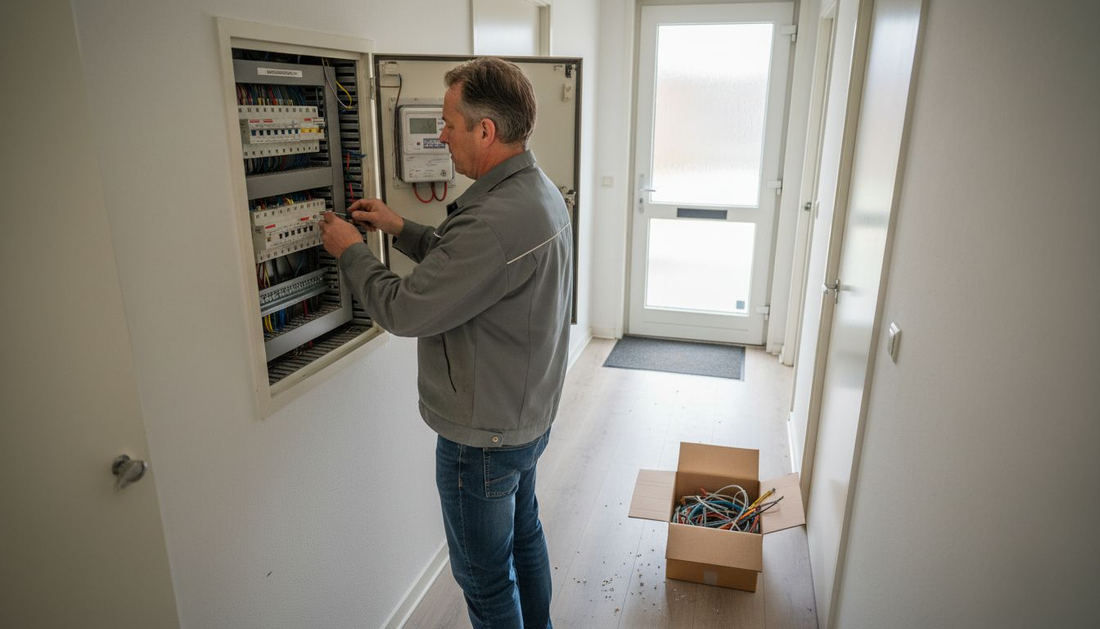 Een monteur is bezig met werkzaamheden aan de hoofdschakelaar in de meterkast.