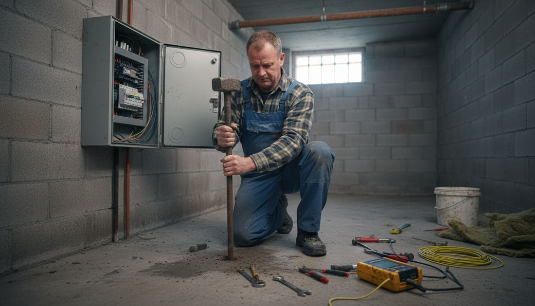Een vakman plaatst een aardpen bij de meterkast in de kelder.