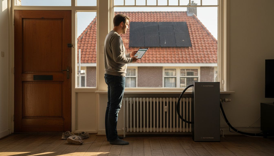 Een man geniet in zijn huis van duurzame energie dankzij zonnepanelen op het dak en een slimme thuisbatterij.
