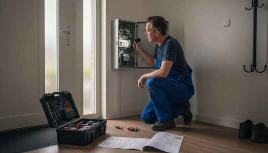 Een elektricien controleert de openstaande meterkast in een woning.