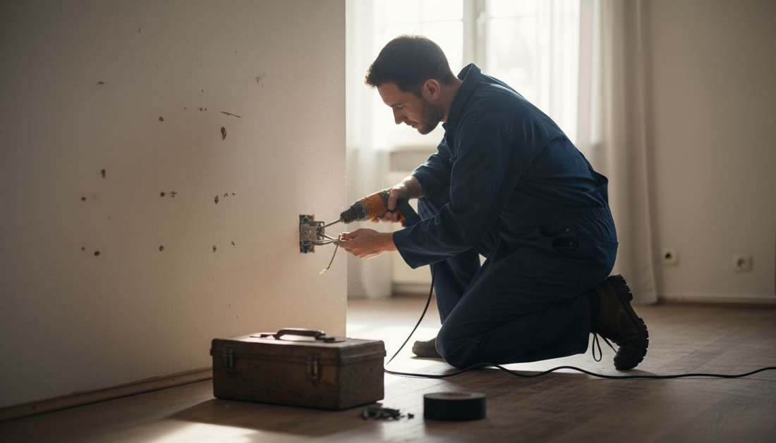 Een elektricien is bezig met het installeren van een nieuw stopcontact in de woonkamer.