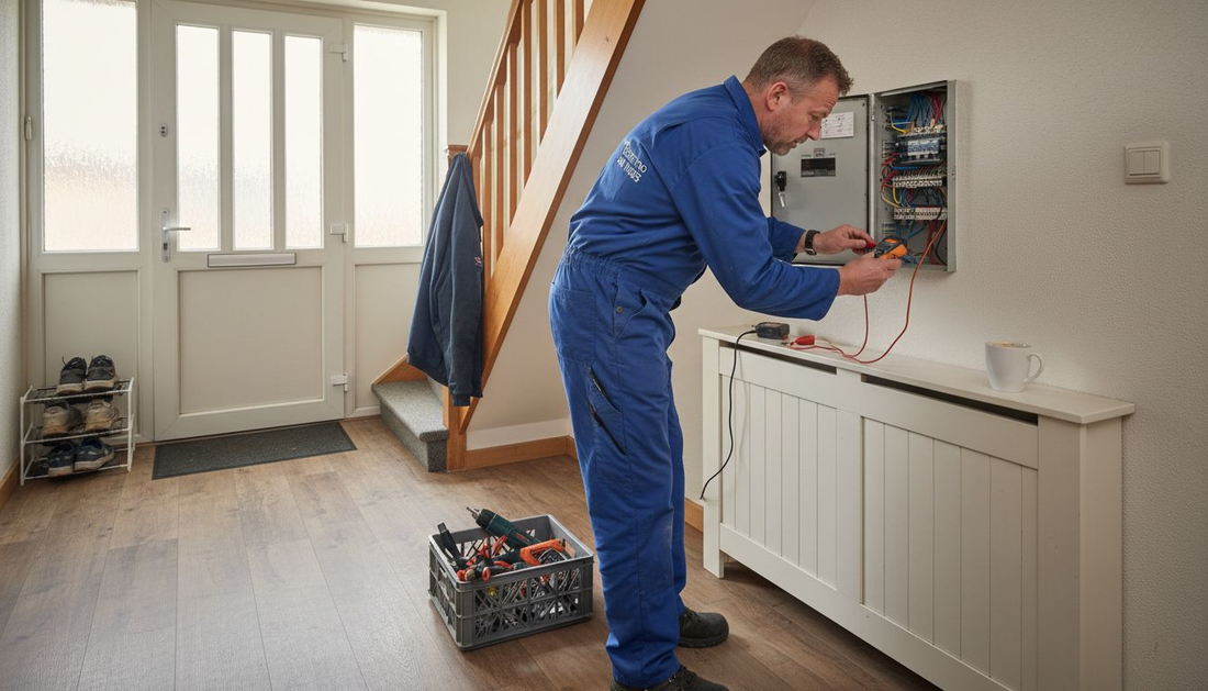 Een elektricien is bezig met het onderhoud van de meterkast bij iemand thuis.