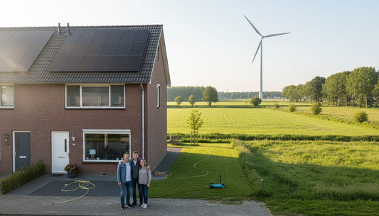 Een gezin staat voor hun huis met zonnepanelen op het dak en een windmolen in de tuin.