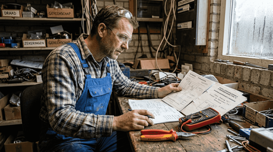 Bij een storing loopt de elektricien eerst zijn gereedschap en het schema na voordat hij aan de slag gaat.