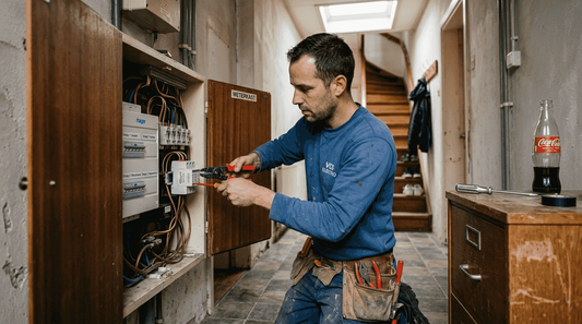Een elektricien plaatst een overspanningsbeveiliging in de meterkast.