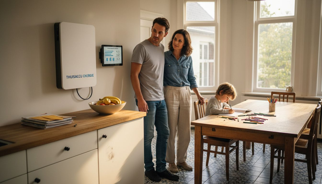 Een gezin verdiept zich in de mogelijkheden van een thuisbatterij en een slimme monitor voor hun zonnestroom.