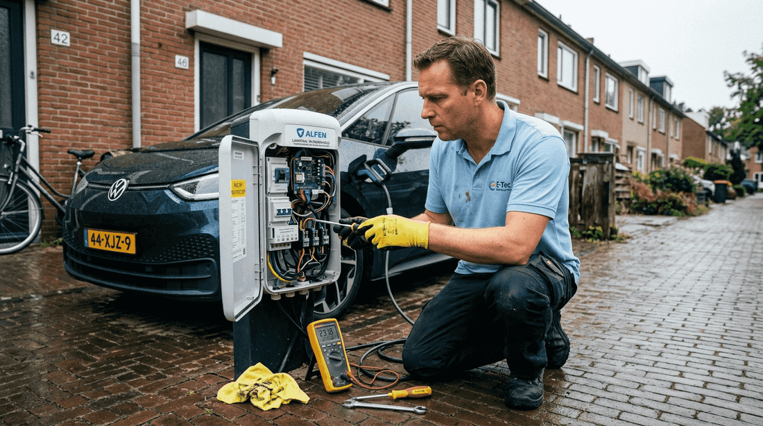 Man controleert laadpaal op eigen oprit