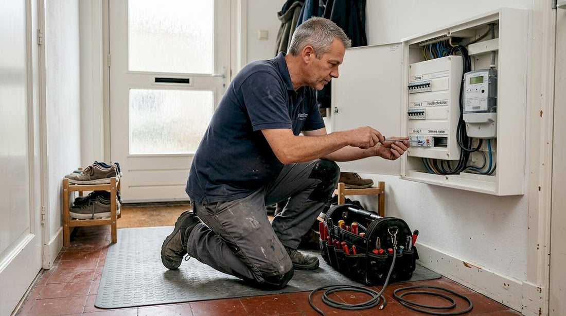 Een elektromonteur bezig met het installeren van een meterkast.