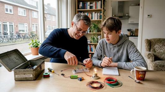 Samen knutselen vader en zoon aan een simpele elektrische schakeling.