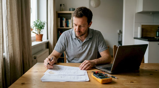 Een man zit aan de eettafel verdiept in een elektrisch schema.