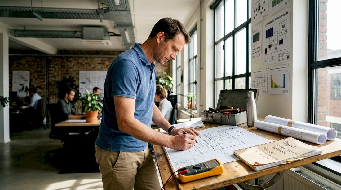 Een engineer bekijkt innovatieve elektrotechnische ontwerpen kritisch door.