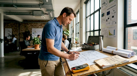 Een engineer bekijkt innovatieve elektrotechnische ontwerpen kritisch door.