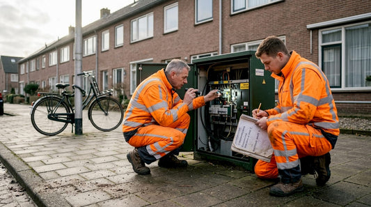 Op de stoep zijn monteurs bezig met werkzaamheden aan een elektriciteitskast.