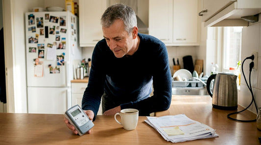 Een man controleert de stroommeter in de keuken.