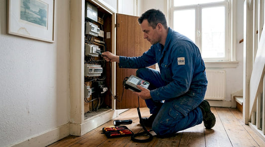 De elektricien controleert de isolatiewaarde bij de meterkast.