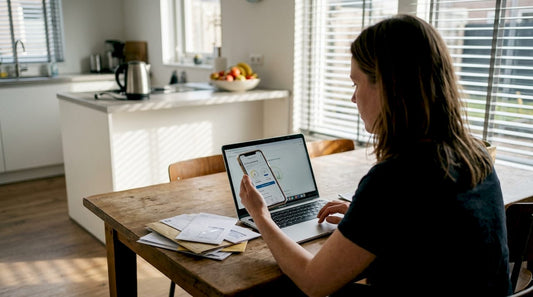 Een vrouw houdt haar energieverbruik thuis nauwlettend in de gaten via haar laptop.