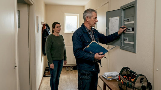 Samen met de eigenaar loopt de installateur alle elektra in huis na.