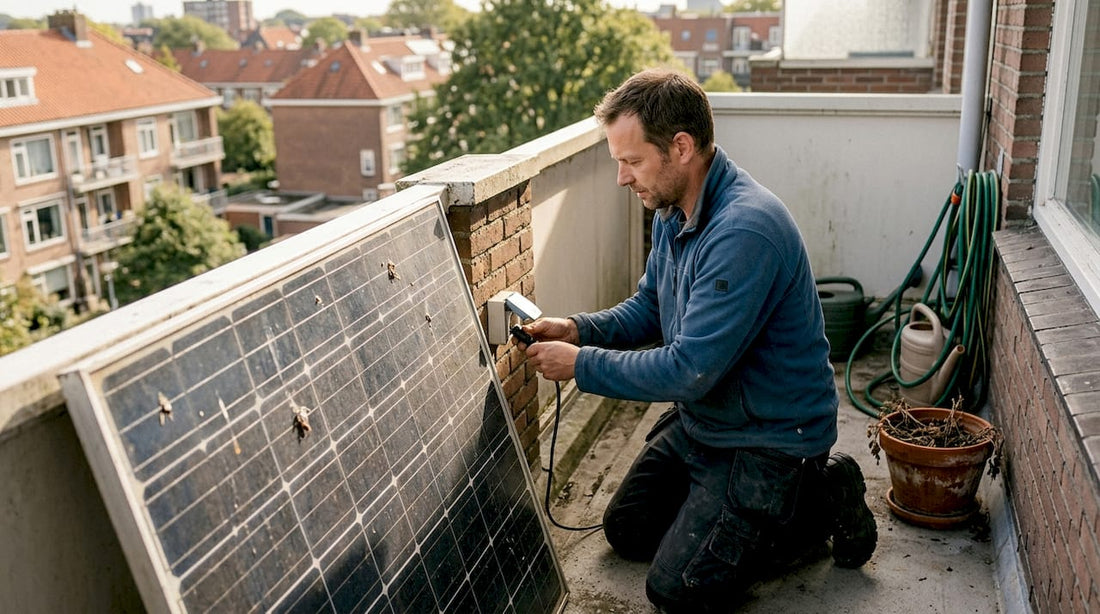 Man plaatst plug-and-play zonnepaneel op zijn balkon