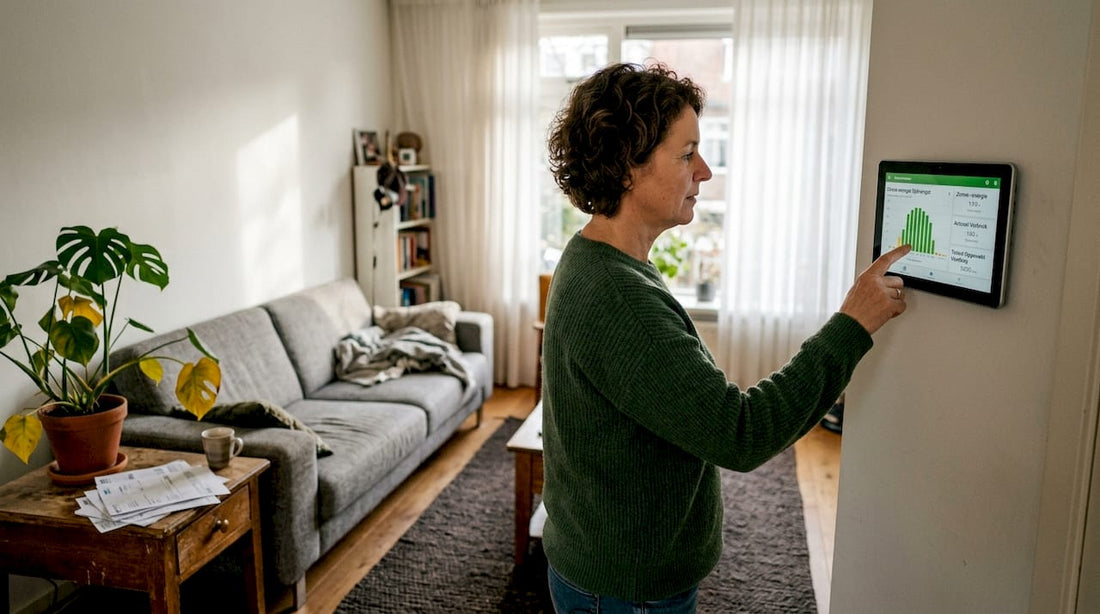 Een huiseigenaar bekijkt het scherm met zijn slimme energieverbruik.