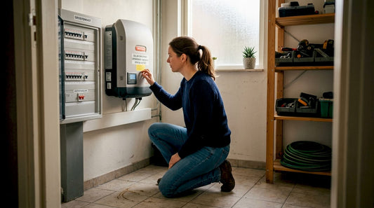 Een vrouw kijkt thuis even of de omvormer van haar zonnepanelen goed werkt.