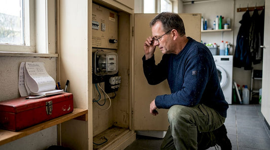 Een man bekijkt een oude ferrarismeter in de meterkast.