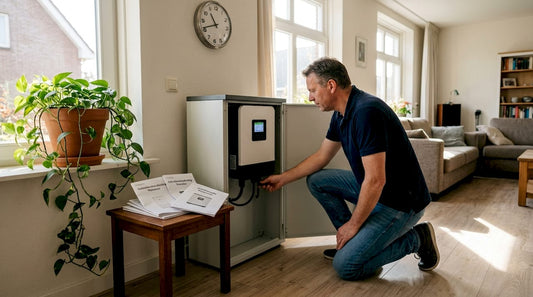 Man bekijkt thuisbatterij naast omvormer in de woonkamer