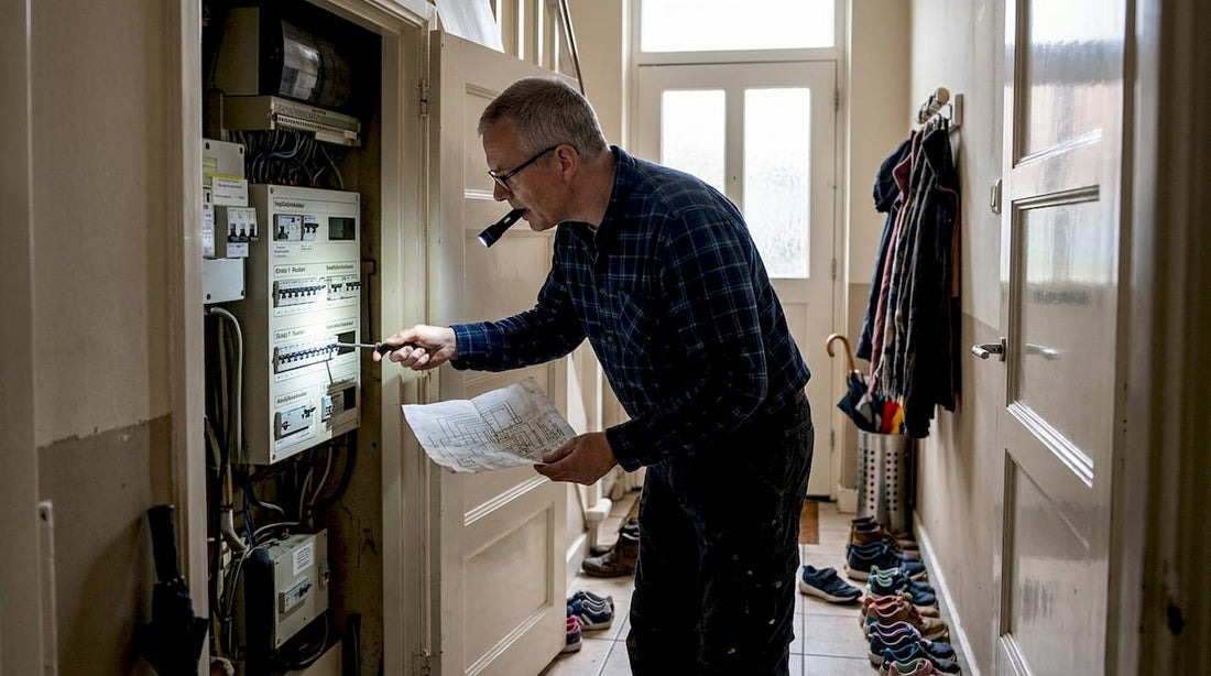 Man controleert meterkast na stroomuitval