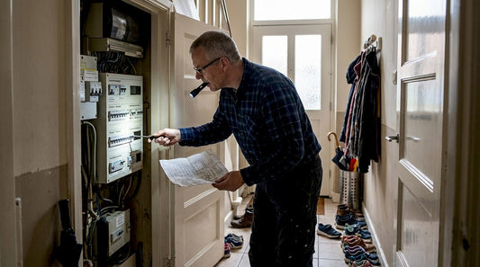 Man controleert meterkast na stroomuitval