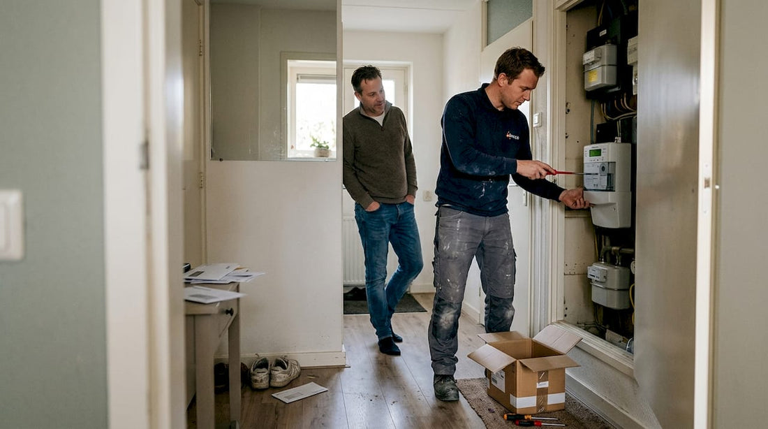 De monteur komt langs om een slimme meter in de meterkast te installeren.