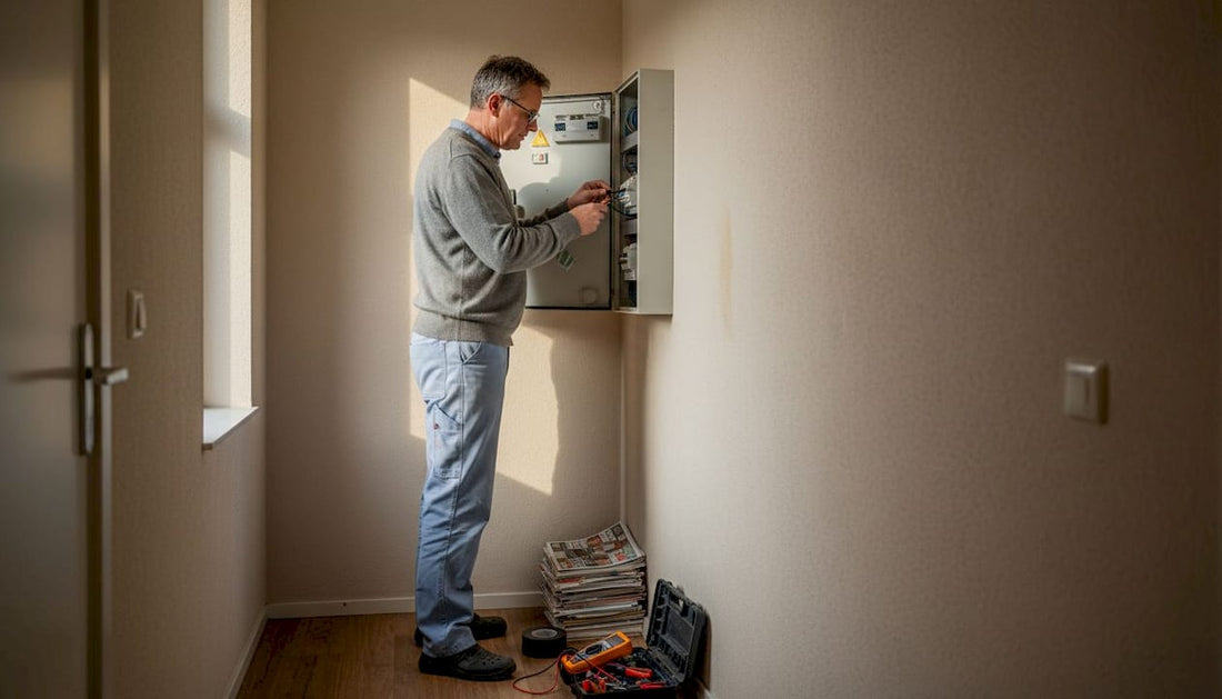 Een elektricien is bezig met het vervangen of uitbreiden van de groepenkast in een woning.