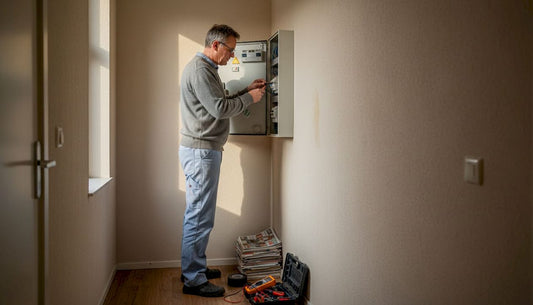 Een elektricien is bezig met het vervangen of uitbreiden van de groepenkast in een woning.